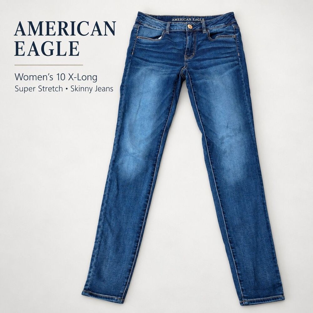 American Eagle Women's 10 X-Long Super Stretch Skinny Jeans Blue Denim